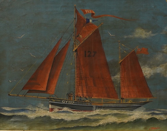 J. Rodwell, British Marine naive school, The Grimsby fishing ketch LYNX GY127, signed, oil on canvas, 34 x 44cm